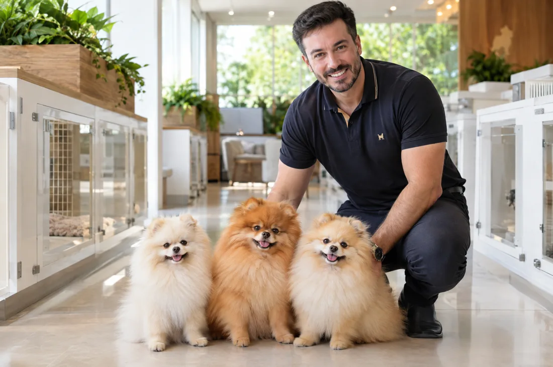 Três spitz alemão em um canil