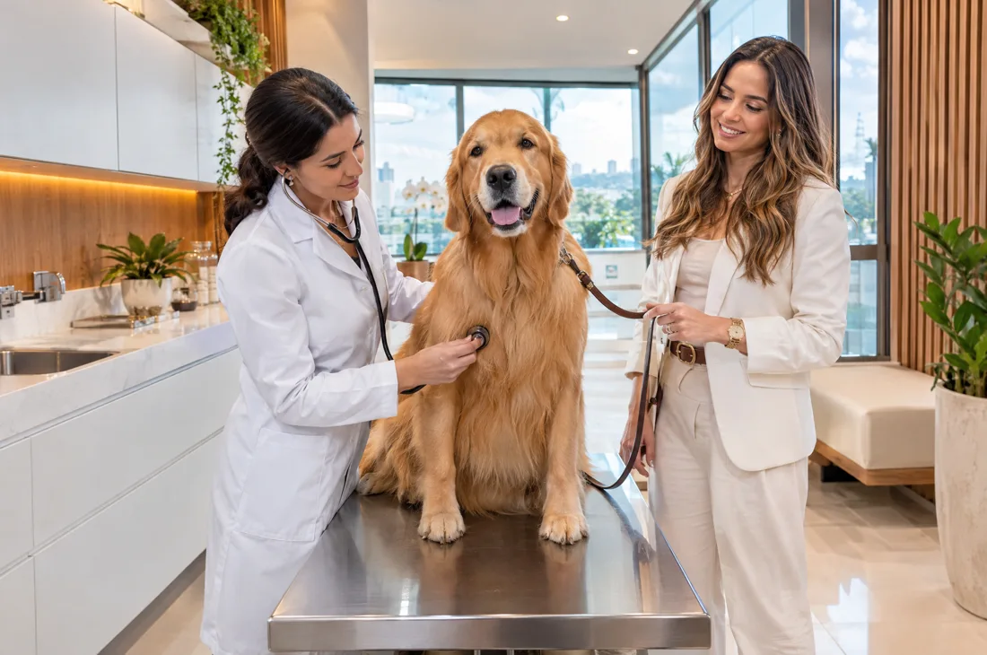 Veterinária examinando um golden retriever com a tutora ao lado