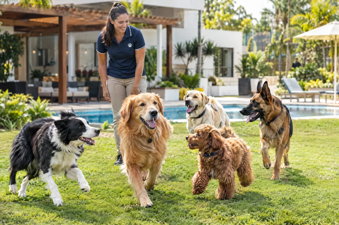 Cães brincando no pátio de uma creche e hotel