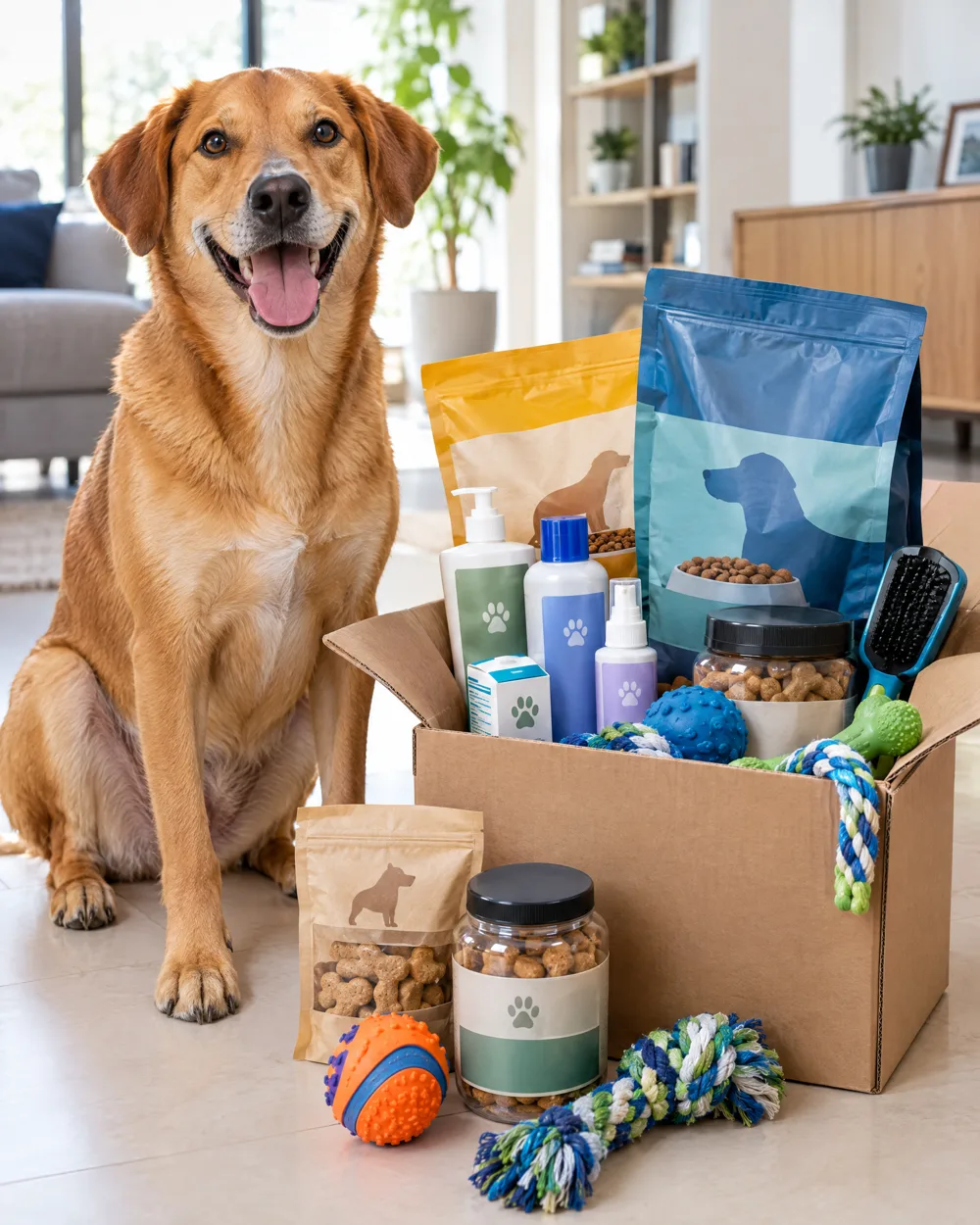 Cão ao lado de caixa com ração, beleza, remédio, estética, comida e brinquedos