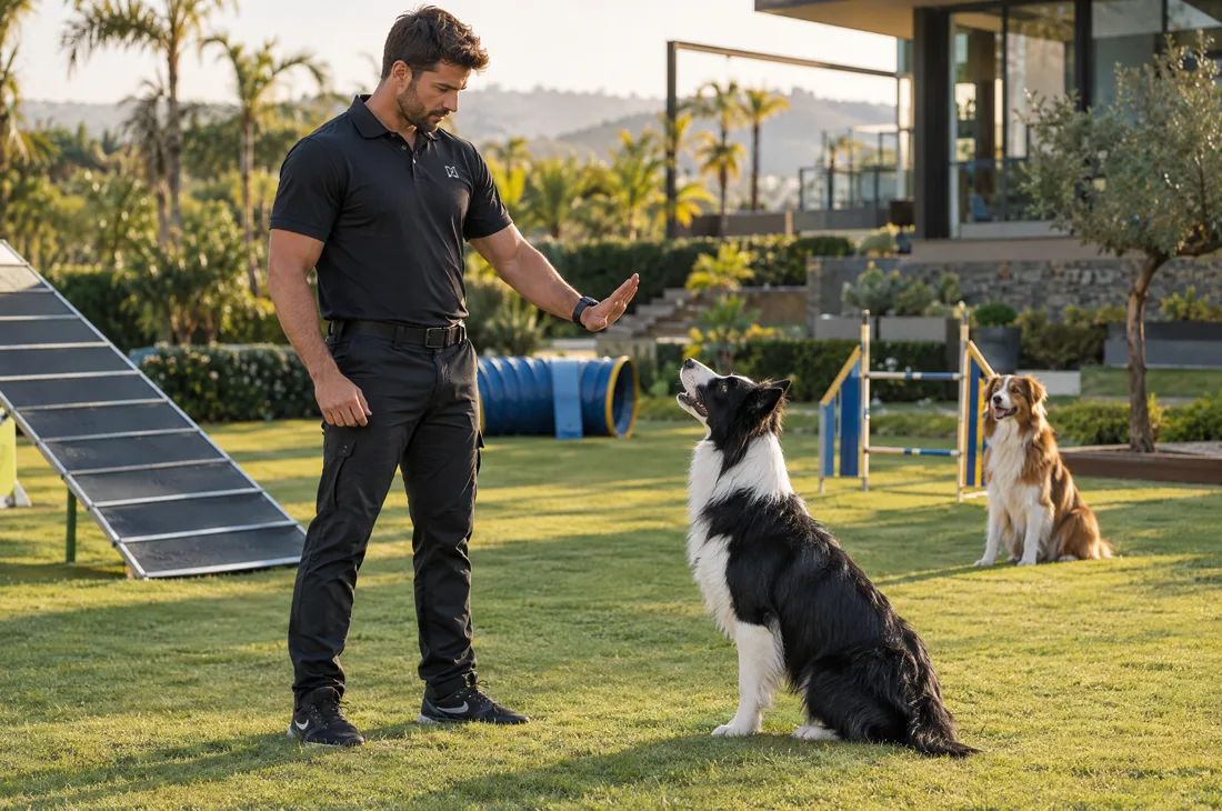Adestrador dando comando a um border collie em campo de treino