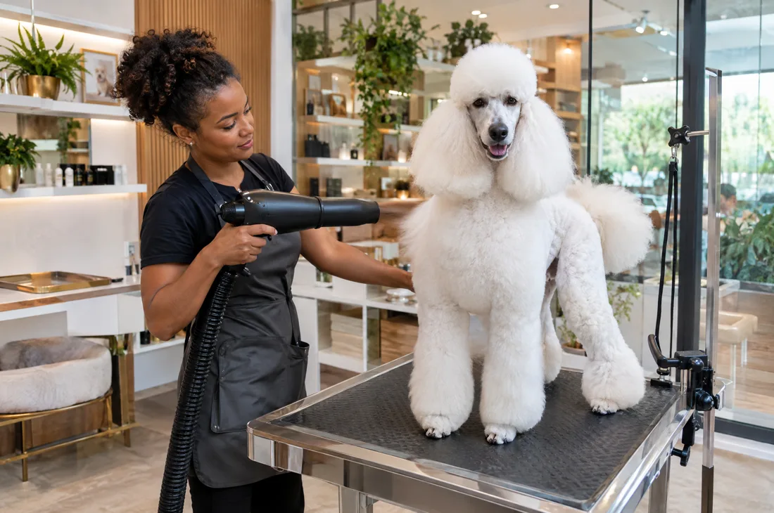 Groomer finalizando a tosa de um poodle em estúdio